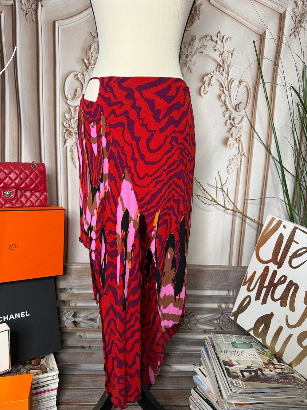 YIGAL AZROUEL- Red & Pink Abstract Print Asymmetric Skirt